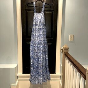 Full length blue and white 100% cotton dress with pockets and adjustable straps